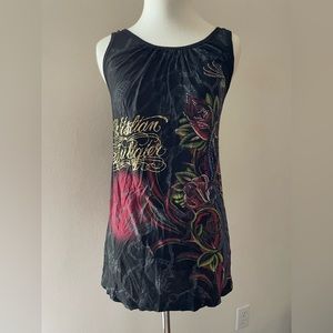 Christian Audigier ruched neckline rhinestones long tank top